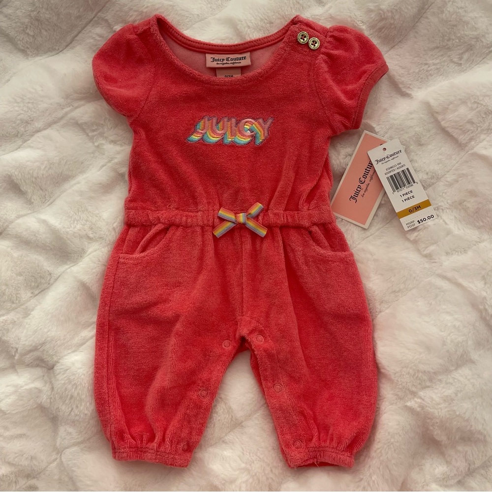 NWT Baby Juicy Couture Jumpsuit Romper Coral Pink Logo Bow Ruffle Pockets 0-3 M